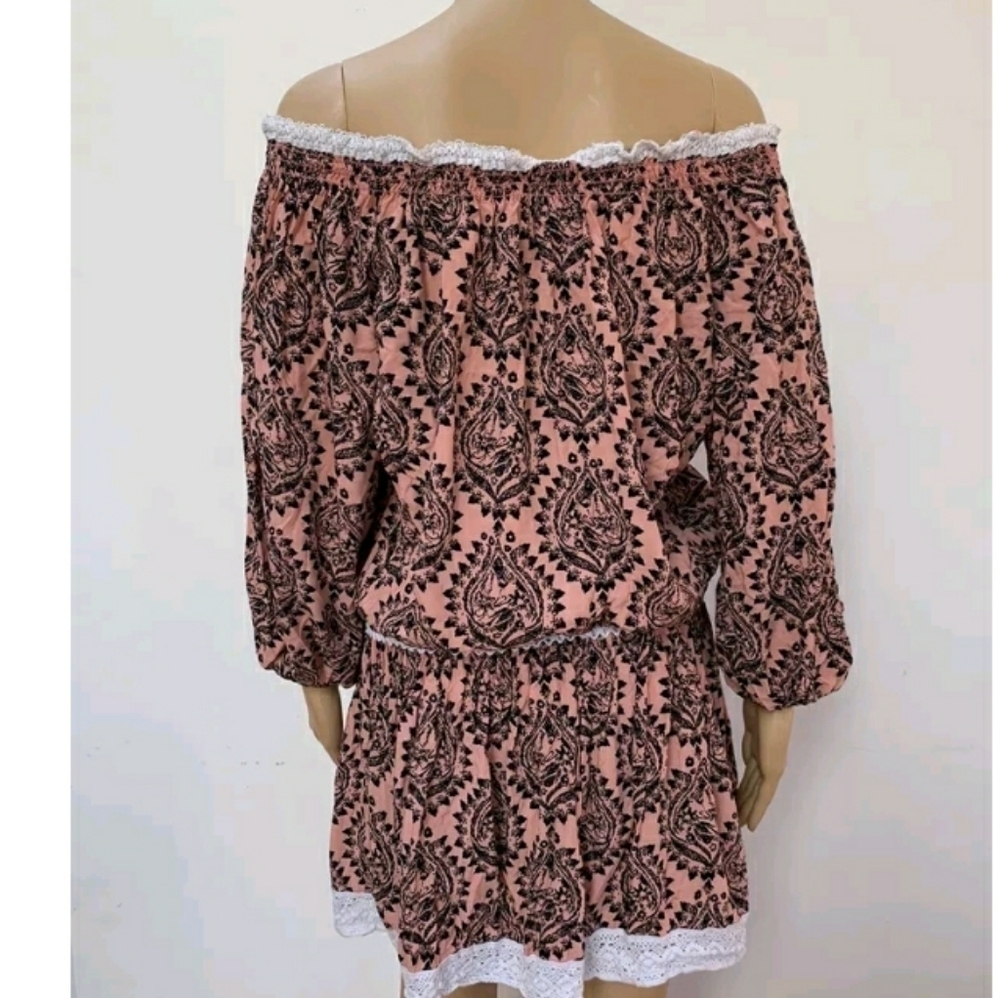 Free People Mini Dress 3/4 Sleeve Off  Shoulder Printed Black Coral Boho Small - Picture 7 of 13